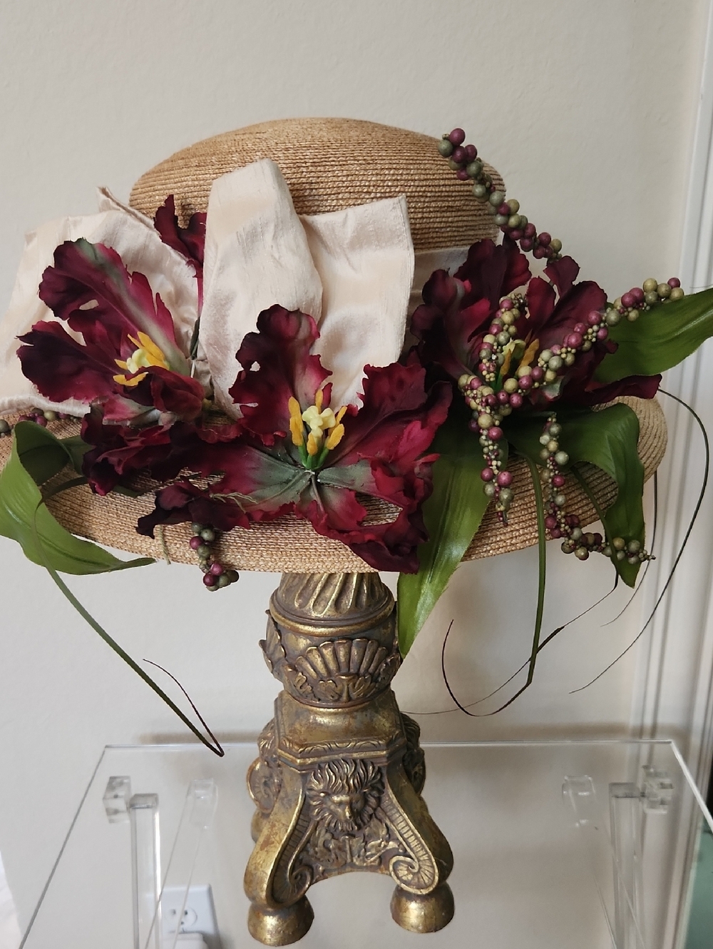 Handcrafted Straw Hat with Burgundy Floral Accents